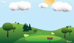 A green in Mario Golf with a sign that says, "Dry Grass No Super Topspin"